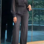 Office Elegant High Waisted Slim Long Playsuit Fashion Lapel Collar Mesh Party Romper 2025 Women Sexy Commuting Solid Jumpsuits