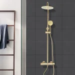 20cm Gold Rain Shower System Thermostatic Brass Modern Bathroom Fixture with 360 Rotation Air Boost Technology Hand Shower Wall