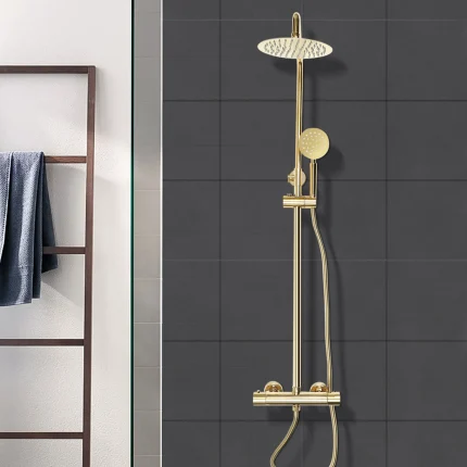 20cm Gold Rain Shower System Thermostatic Brass Modern Bathroom Fixture with 360 Rotation Air Boost Technology Hand Shower Wall