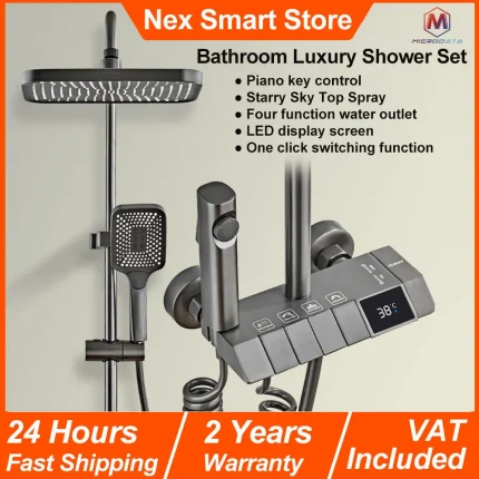 Bathroom Luxury Shower Set, 4 Functions Digital Display Piano Button Shower Faucet Set,Rain Shower Complete Bathroom Accessories